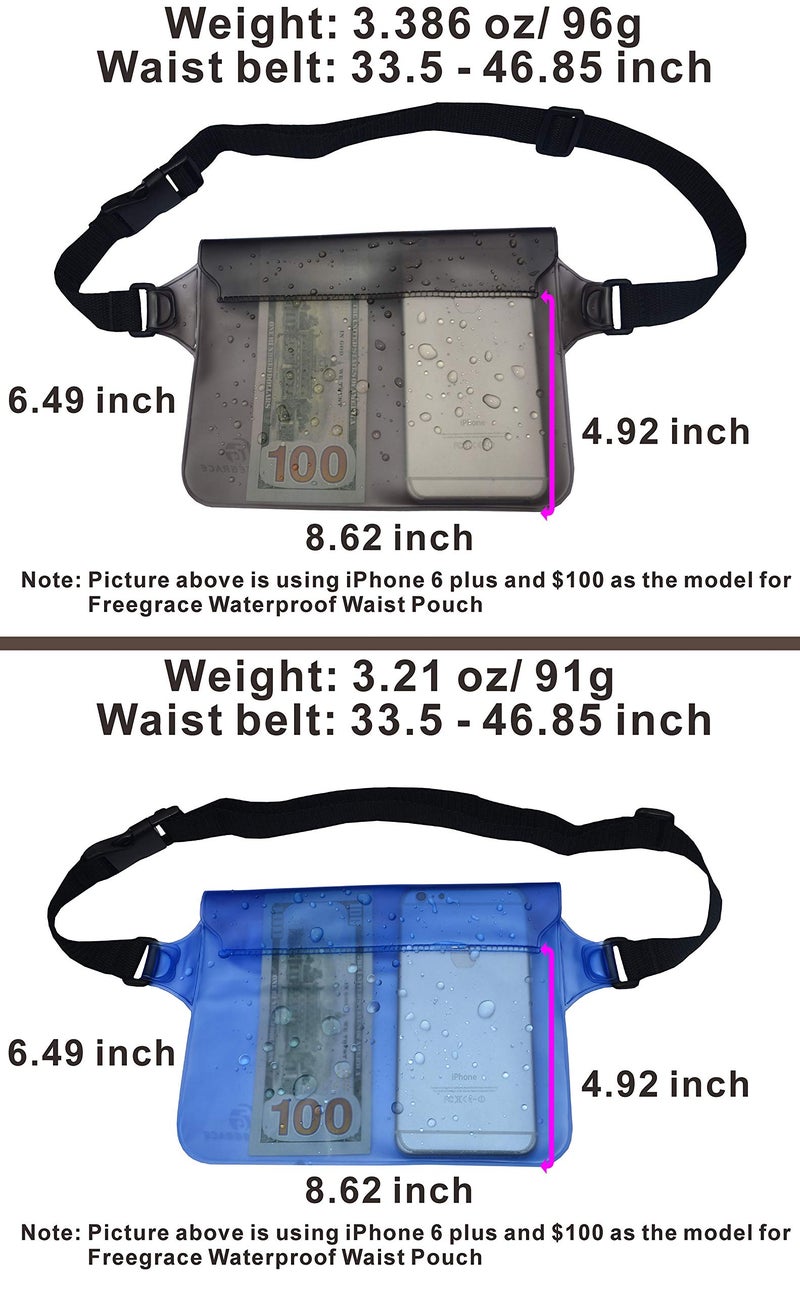 Freegrace Premium Waterproof Waist Pouches Set - Best Way to Keep Your Phone and Valuables Dry and Safe - Perfect for Boating Swimming Snorkeling Kayaking Beach Pool Water Parks (Gray + Blue) - Image 2